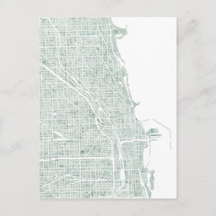 Chicago watercolor map seaglass blue green postcard