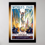 Chicago World's Fair Extra Large Poster<br><div class="desc">Vintage Chicago World’s Fair 1933 Retro Art Poster. Beautiful Art Deco poster from the 1933 World’s Fair - A Century Of Progress,  showing woman standing on planet Earth among skylines,  aeroplanes & blimps.</div>