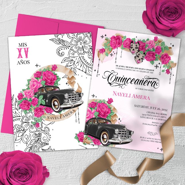 Chicana Lowrider Pink Rose Chola Quinceanera Invitation (Creator Uploaded)