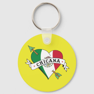 Chicana Tattoo Heart with Mexican Flag Key Ring