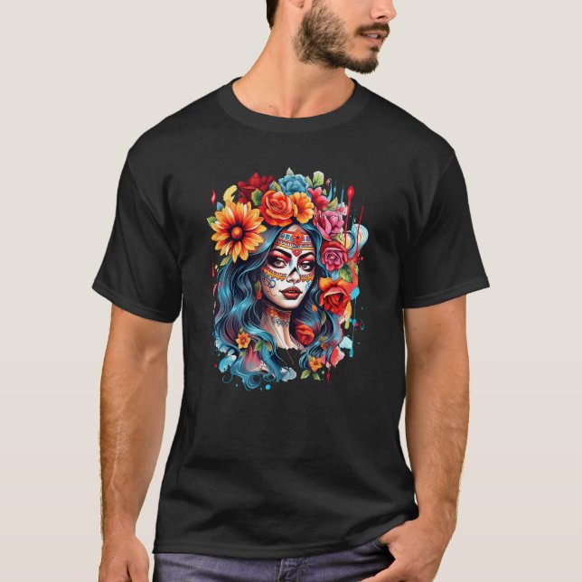 Chicano Girl Mexico Flowers Death Pretty 8 T-Shirt (Front)
