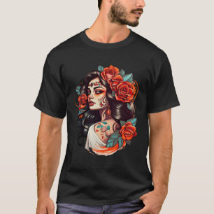 Chicano Girl Mexico Flowers Death Pretty T-Shirt