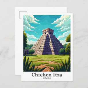 Chichen Itza Mexico Vintage Travel Illustration Postcard
