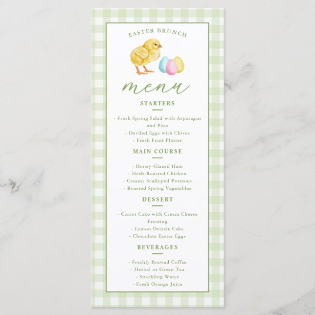 Chick And Pastel Eggs Green Gingham Easter Brunch Menu (Front)