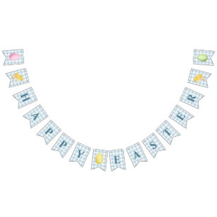 Chick And Pastel Eggs Happy Easter Blue Gingham Bunting