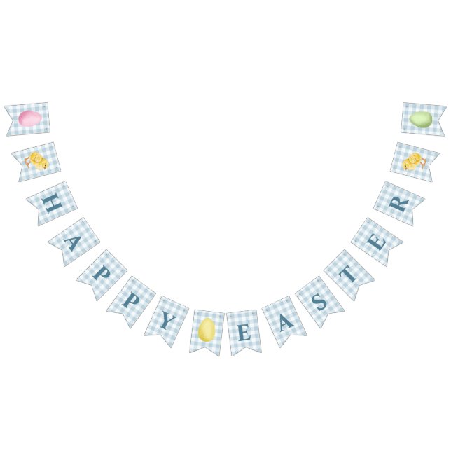 Chick And Pastel Eggs Happy Easter Blue Gingham Bunting (All)