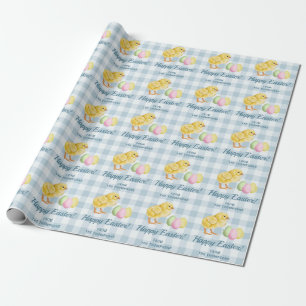 Chick And Pastel Eggs Happy Easter Blue Gingham Wrapping Paper