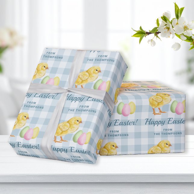 Chick And Pastel Eggs Happy Easter Blue Gingham Wrapping Paper (Creator Uploaded)