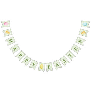 Chick And Pastel Eggs Happy Easter Green Gingham Bunting