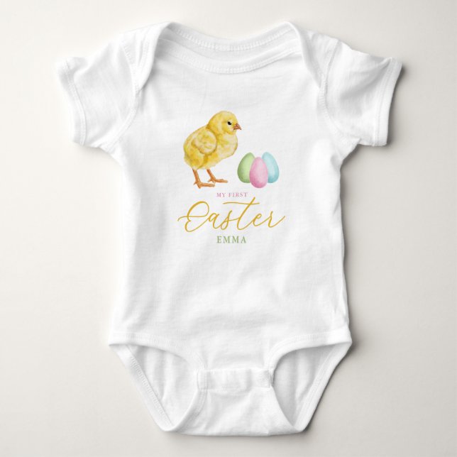 Chick And Pastel Eggs With Name Baby's 1st Easter Baby Bodysuit (Front)