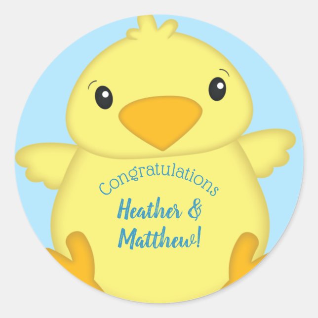 Chick Baby Shower Spring Blue Classic Round Sticker (Front)