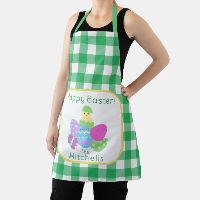 Chick Colour Eggs Green Check Happy Easter NAME Sq Apron (Insitu)