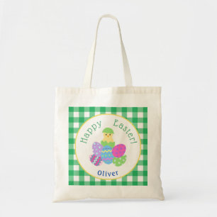 Chick Coloured Eggs Green Check Easter Hunt Kids  Tote Bag