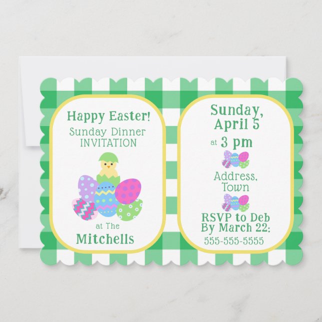 Chick Coloured Eggs Green Check Happy Easter Invitation (Front)