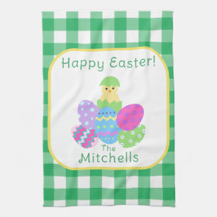 Chick Coloured Eggs Green Check Happy Easter NAME Tea Towel