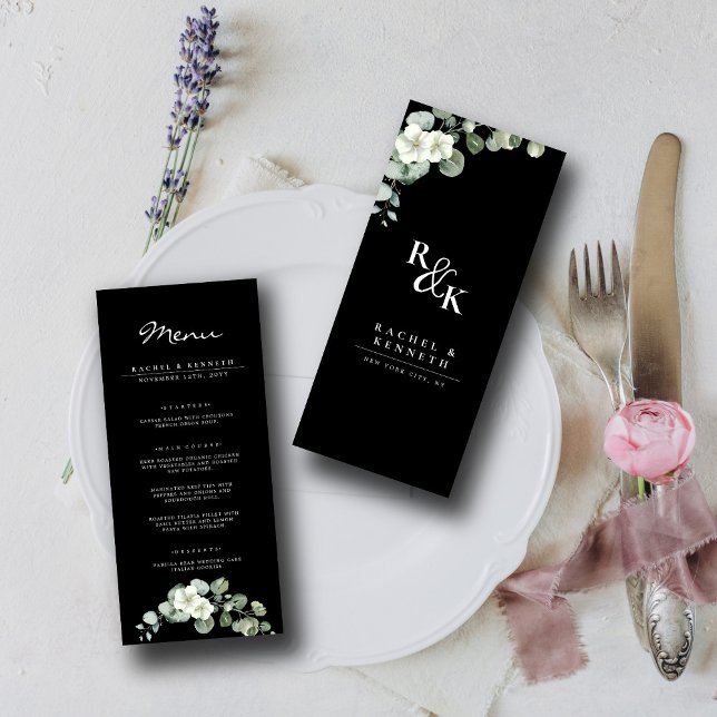 Chick Eucalyptus Black & White Minimalist Wedding Menu (Creator Uploaded)