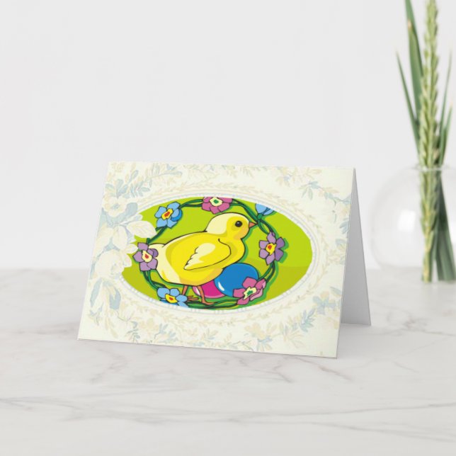 Chick In Circle Of Flowers Easter Card (Front)