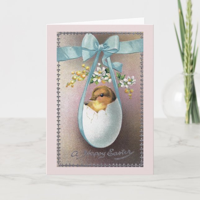Chick in Dangling Eggshell Vintage Easter Holiday Card (Front)