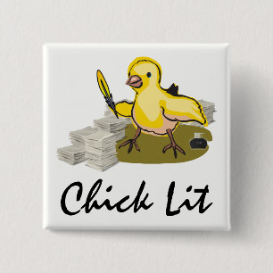 Chick Lit Writer with Paper and Feather Quill 15 Cm Square Badge