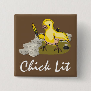 Chick Lit Writer with Paper and Feather Quill 15 Cm Square Badge