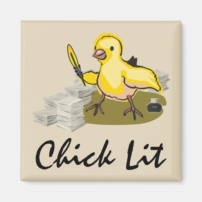 Chick Lit Writer with Paper and Feather Quill Magnet (Front)
