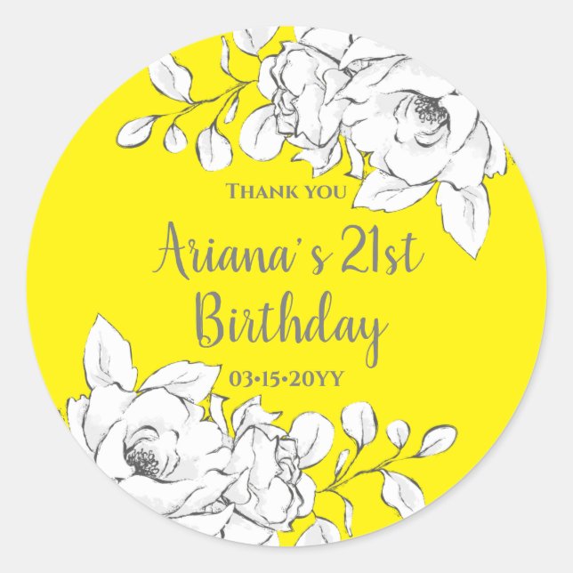 Chick Modern Yellow White Floral Thank You Classic Classic Round Sticker (Front)