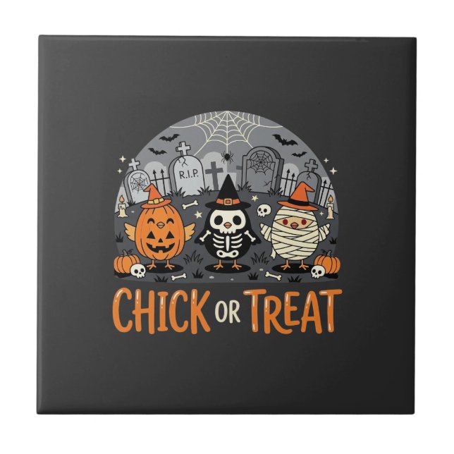 Chick or Treat Cute Halloween Graveyard Design_1 Ceramic Tile (Front)