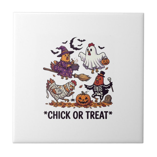 Chick Or Treat Haloween Chickens Witch Ghost Pumpk Ceramic Tile (Front)
