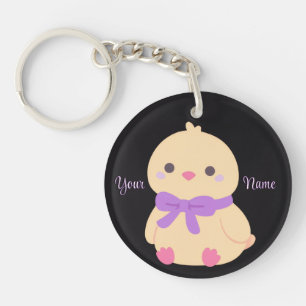 Chick with Purple Bow Cute Kawaii Black Custom Key Ring