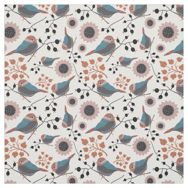 Chickadee Bird And Berry Pattern Floral Design Fabric (Swatch)