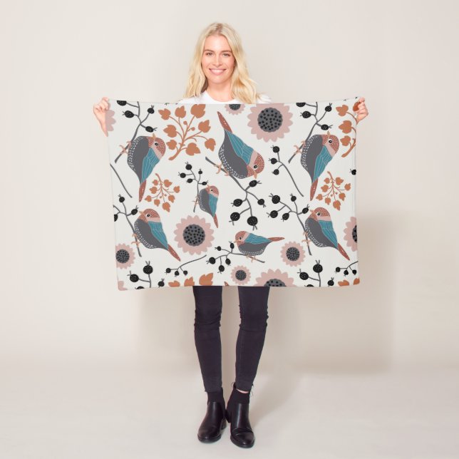 Chickadee Bird And Berry Pattern Floral Design Fleece Blanket (In Situ)