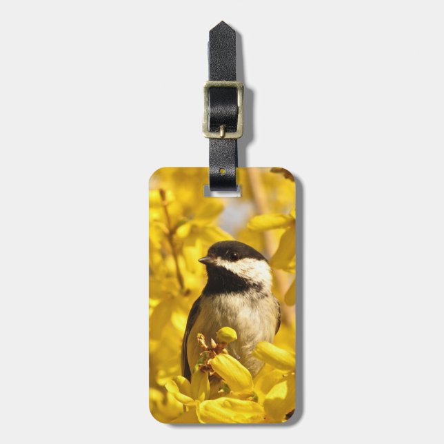 Chickadee Bird and Yellow Flowers Luggage Tag (Front Vertical)