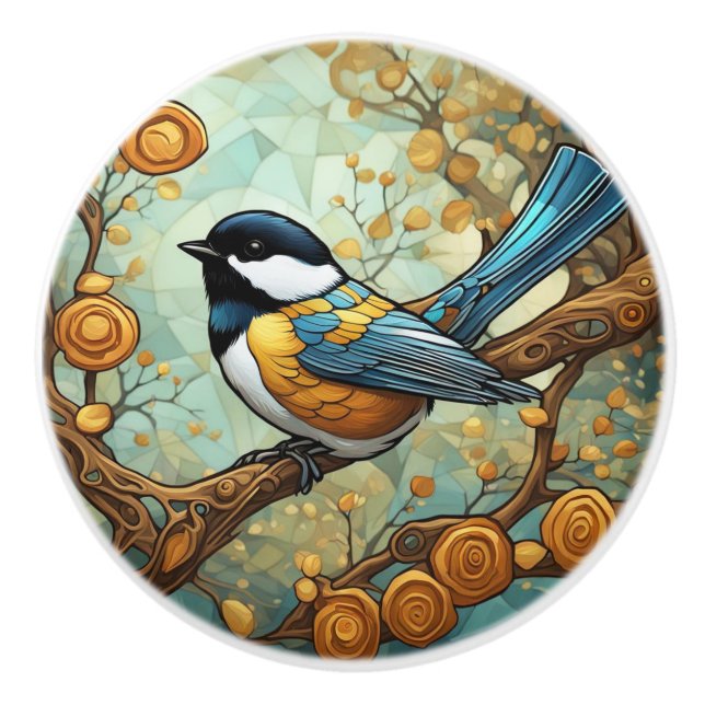 Chickadee Bird Art Nouveau Art Deco Great Tit Ceramic Knob (Front)