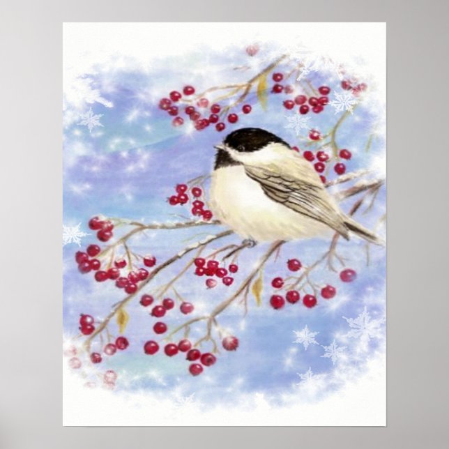 Chickadee Bird Berries Frosty Window Winter art Poster (Front)