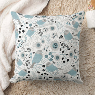 Chickadee Bird Blue Grey Pattern Cushion