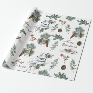 Chickadee Bird Evergreen Pinecone Merry Christmas  Wrapping Paper