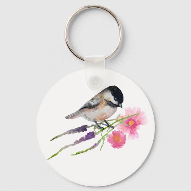 Chickadee Bird Flowers Key Ring (Front)
