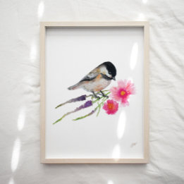 Chickadee Bird Flowers Poster