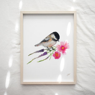 Chickadee Bird Flowers Poster