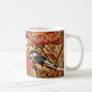 Chickadee Bird in Pink and Red Autumn Leaves Coffee Mug