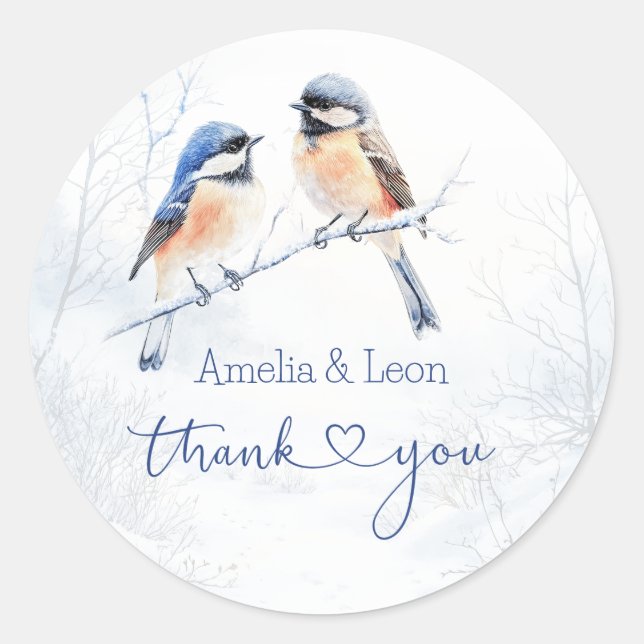 Chickadee Bird in Winter Thank You  Classic Round Sticker (Front)