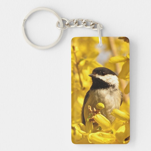 Chickadee Bird in Yellow Flowers Acrylic Keychain (Front)