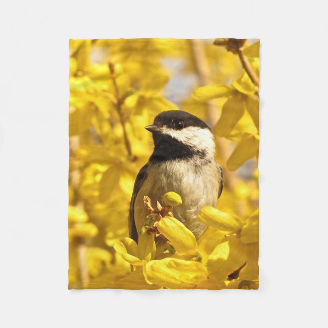 Chickadee Bird in Yellow Flowers Fleece Blanket (Front)