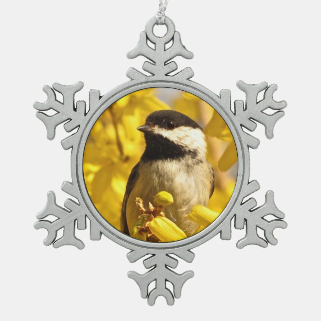 Chickadee Bird in Yellow Flowers Ornament (Front)