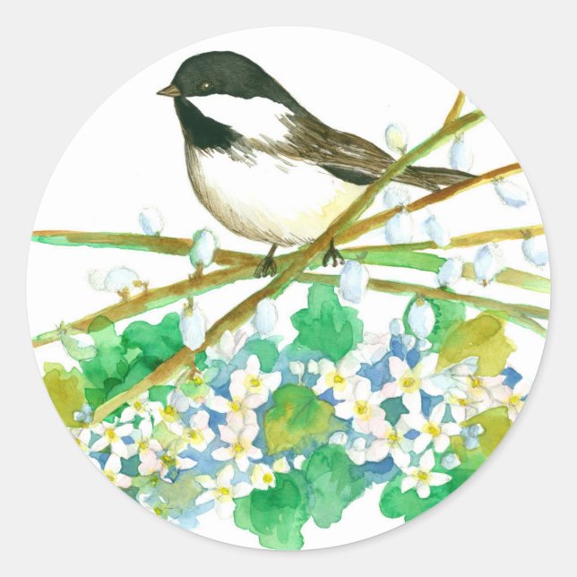 Chickadee Bird May Flower Catkins Willow Branches Classic Round Sticker (Front)
