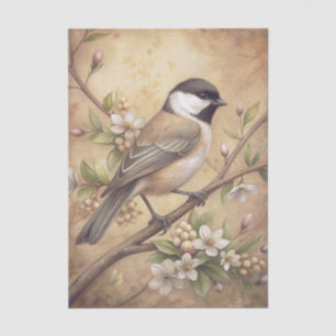 Chickadee Bird on a Branch with White Blossoms Tissue Paper