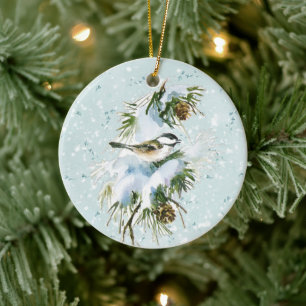 Chickadee Bird Pinecone Snow Winter Christmas Teal Ceramic Ornament