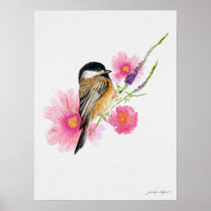 Chickadee Bird Pink Flowers Watercolor Art Poster