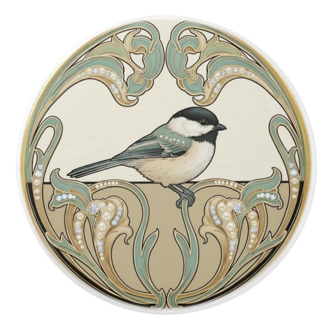 Chickadee Bird Sage Green & Gold Art Deco Nouveau Ceramic Knob (Front)