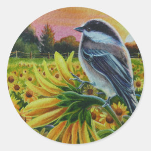 Chickadee Bird Sunflower Farm Watercolor Art Classic Round Sticker
